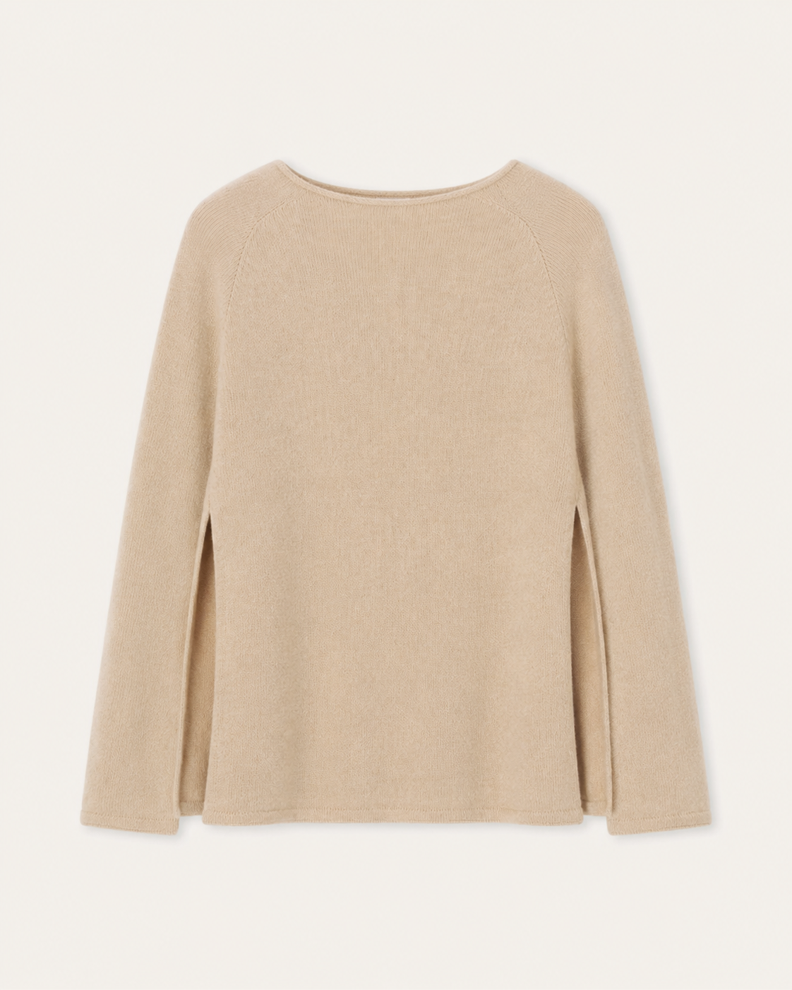 Cappa Cashmi beige in cashmere con maniche lunghe e spacchi frontali, vista frontale.