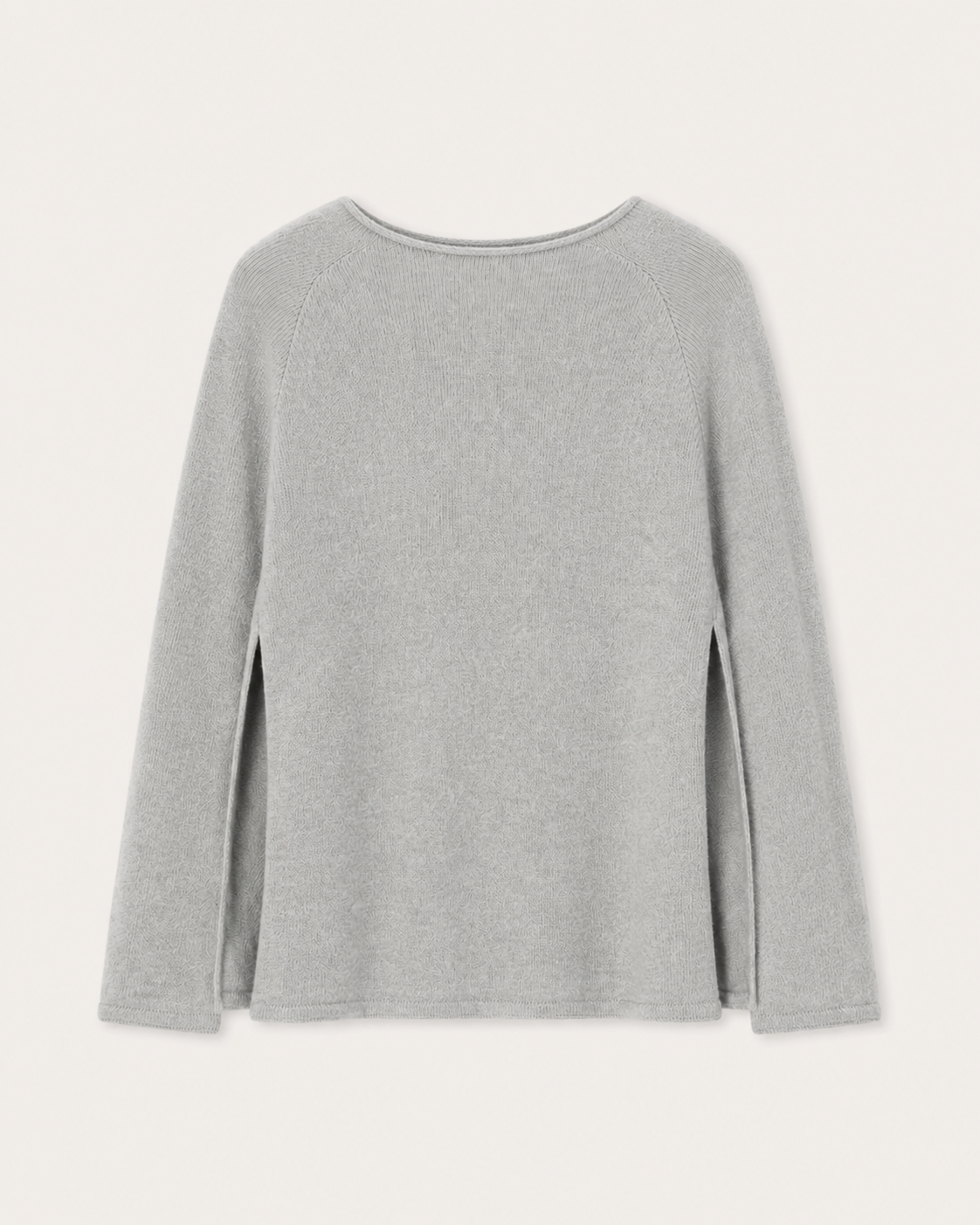 Cappa Cashmi grigia in cashmere con maniche lunghe e spacchi frontali, vista frontale.