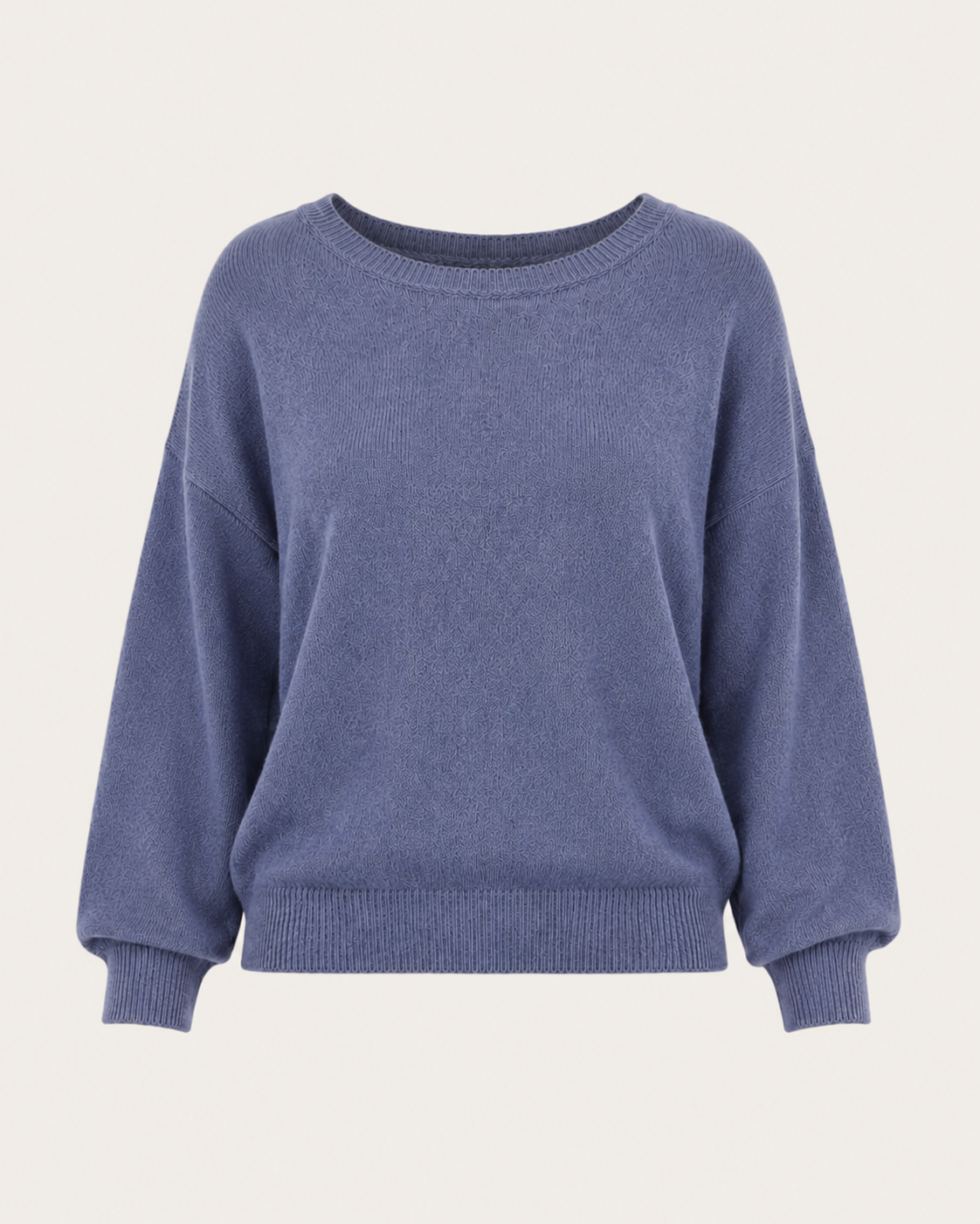 Maglione da donna in cashmere blu con scollo ampio, vista frontale