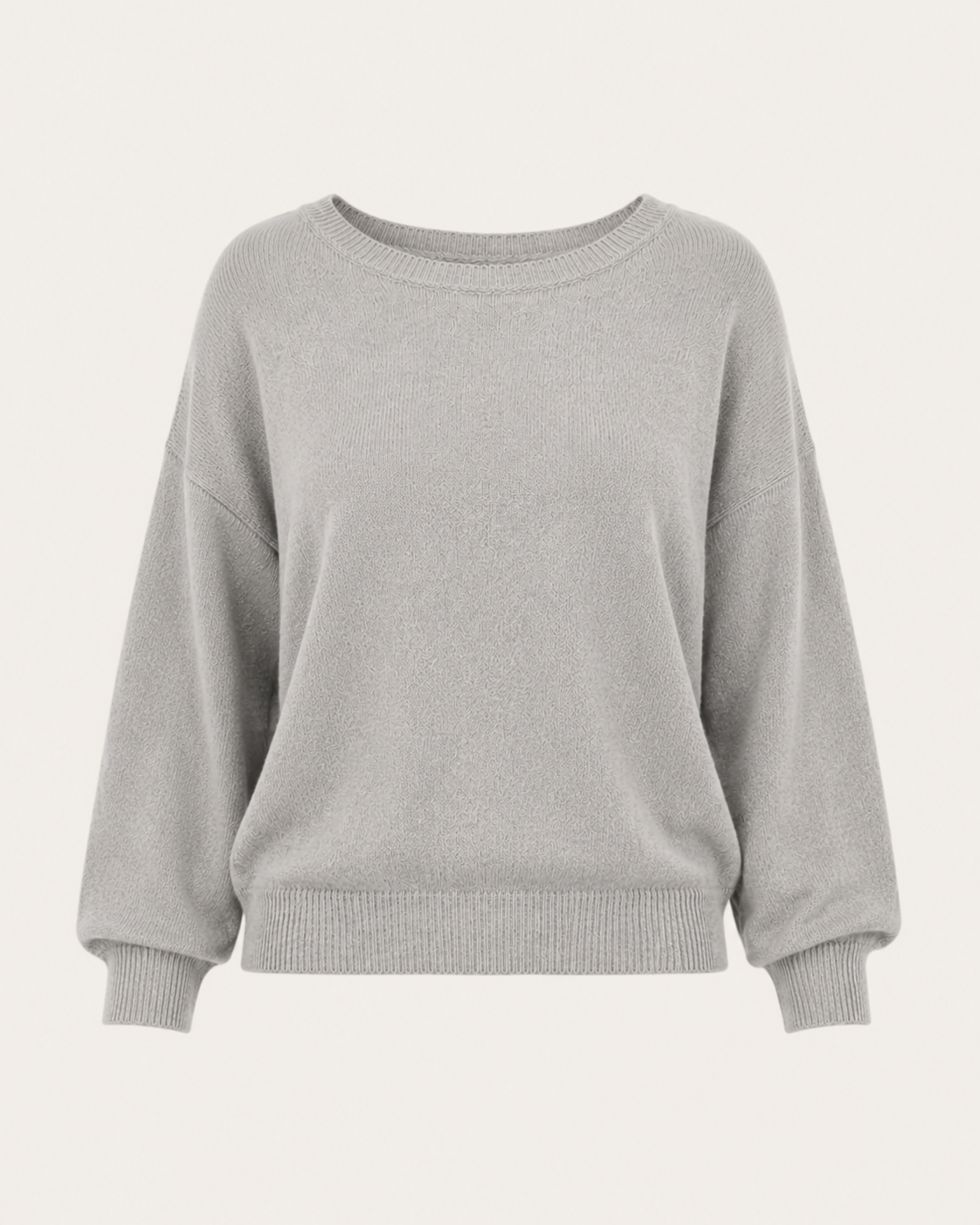 Maglione da donna in cashmere grigio con scollo ampio, vista frontale