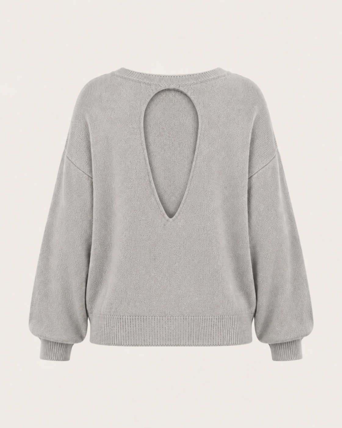 Maglione da donna in cashmere grigio con apertura a goccia sulla schiena
