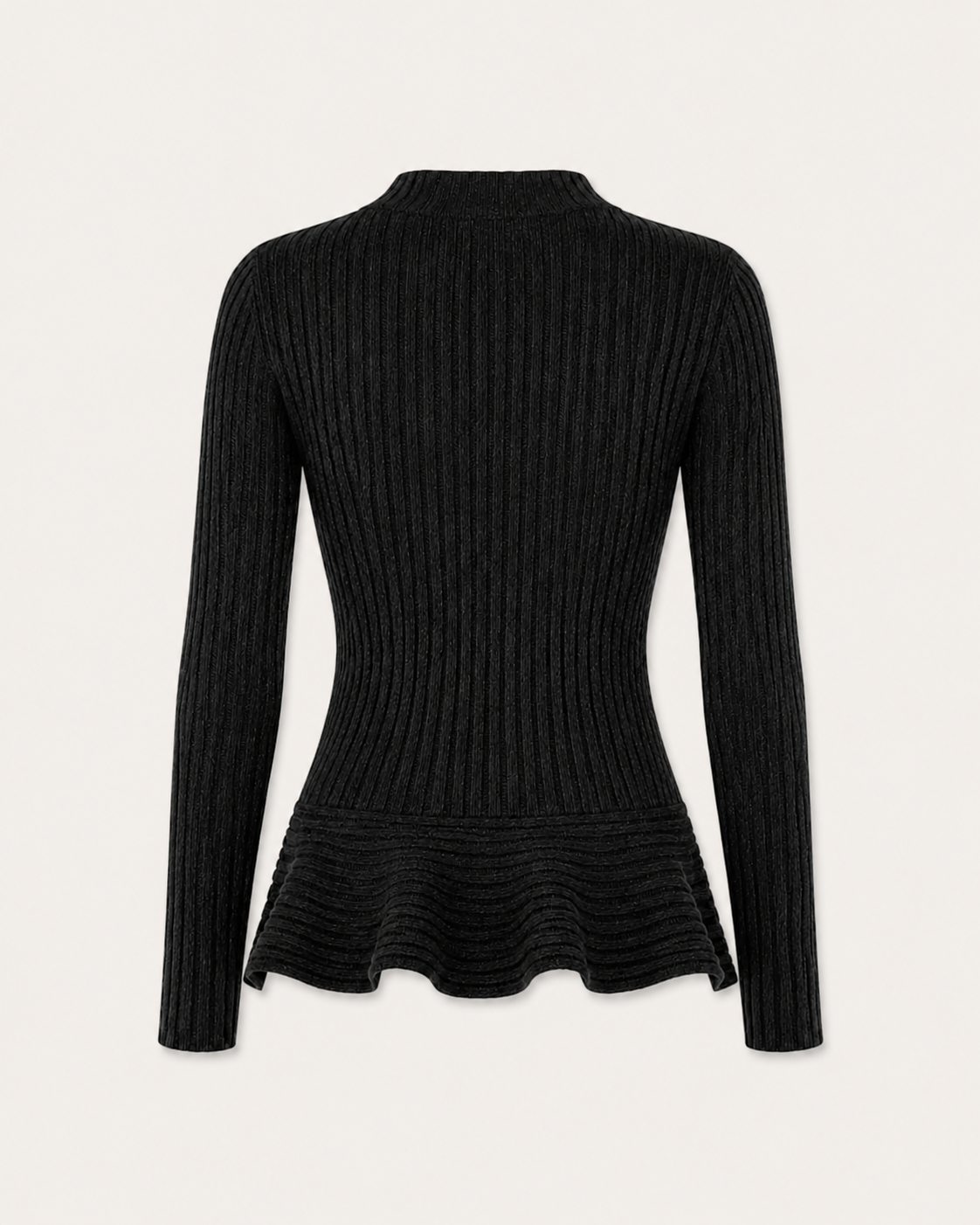 Maglione a coste con baschina Cashmi grigio antracite in cashmere, vista posteriore.