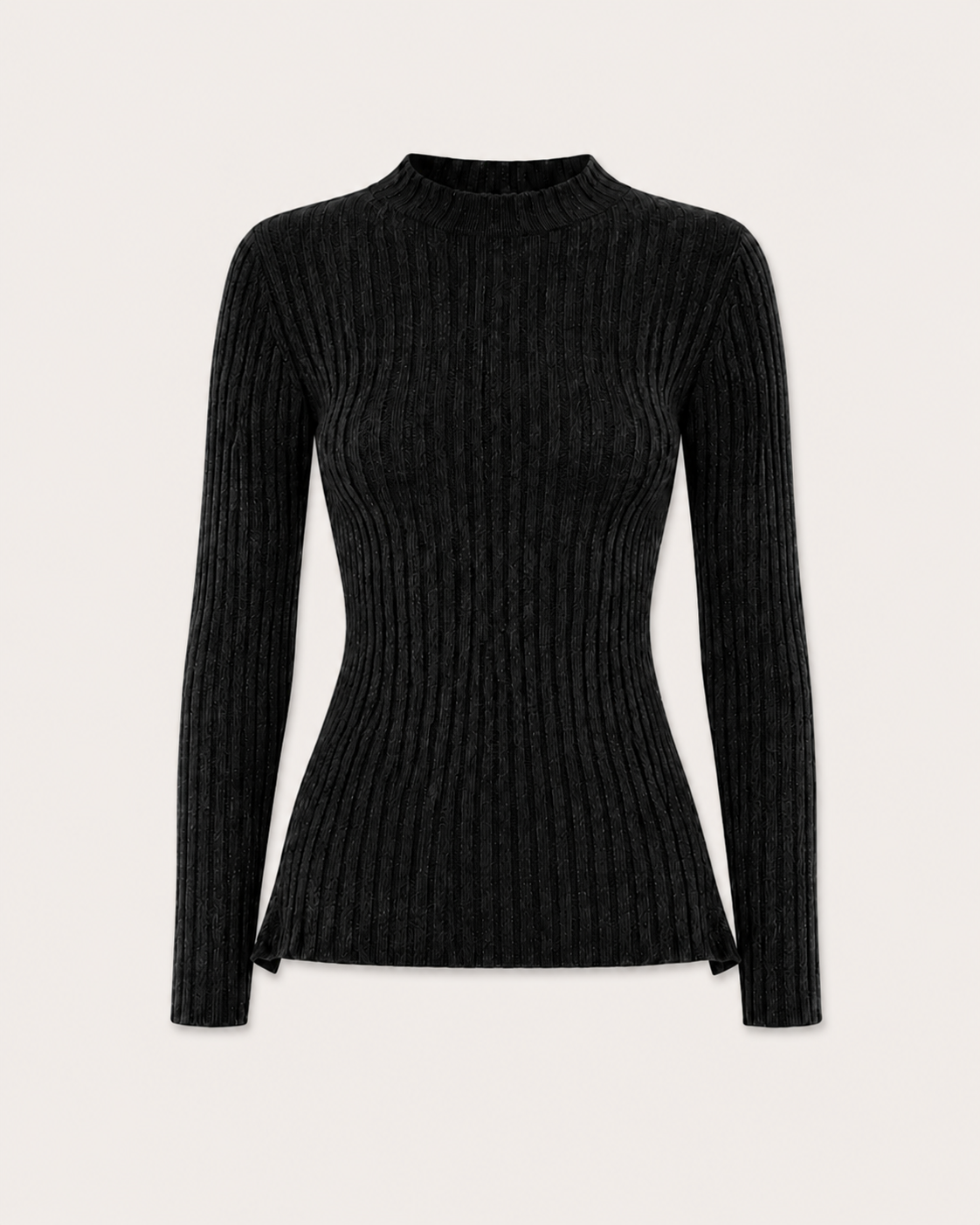 Maglione a coste con baschina Cashmi grigio antracite in cashmere, vista frontale.