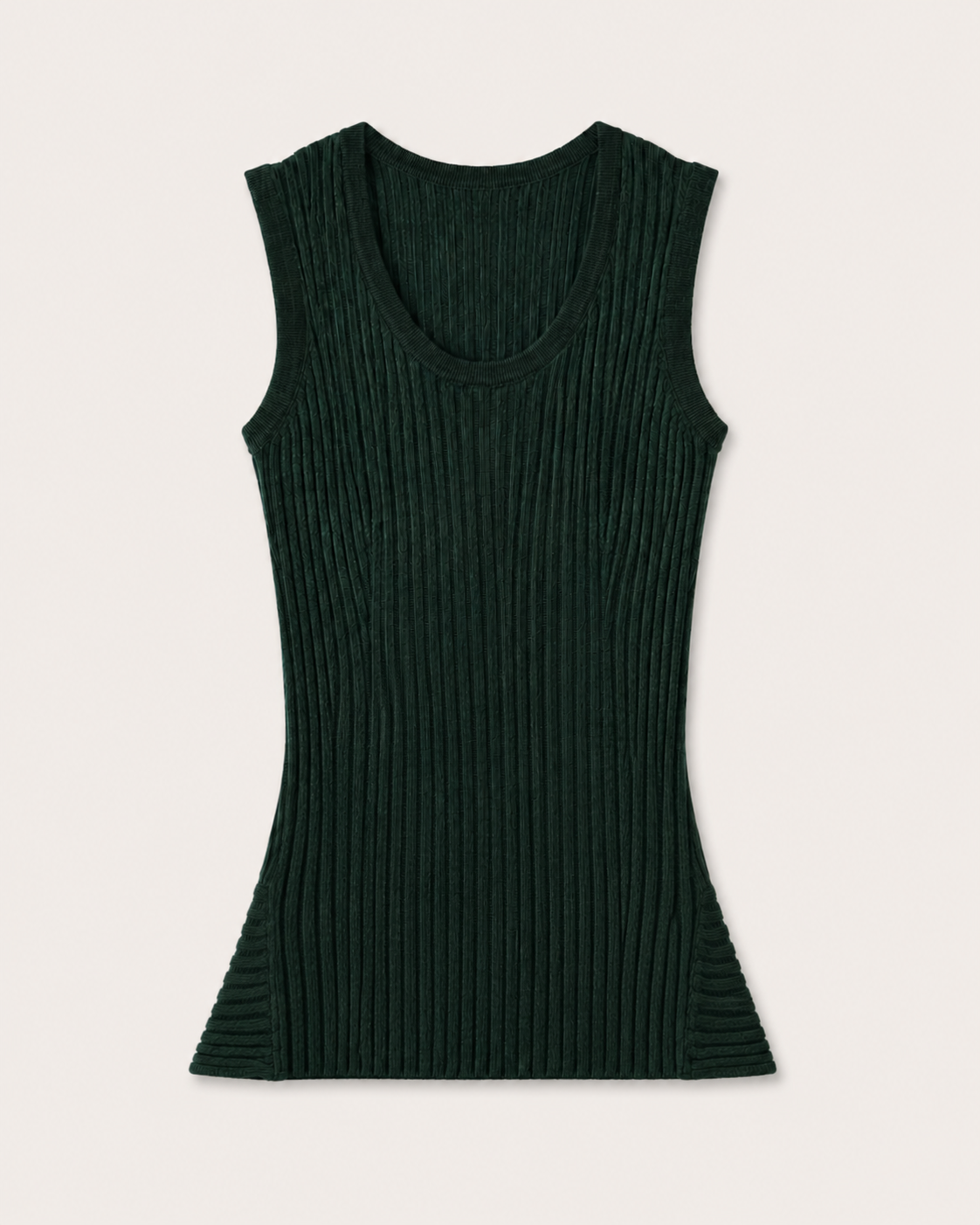 Maglione smanicato a coste con baschina Cashmi verde bosco in cashmere, vista frontale.
