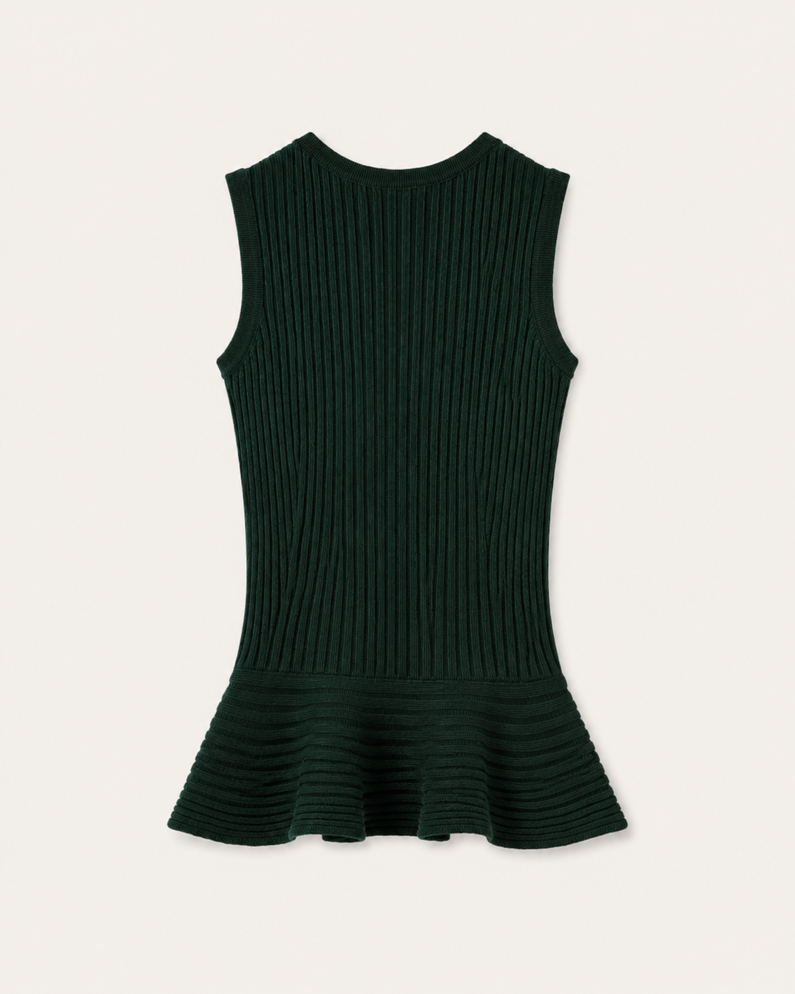 Maglione smanicato a coste con baschina Cashmi verde bosco in cashmere, vista posteriore.