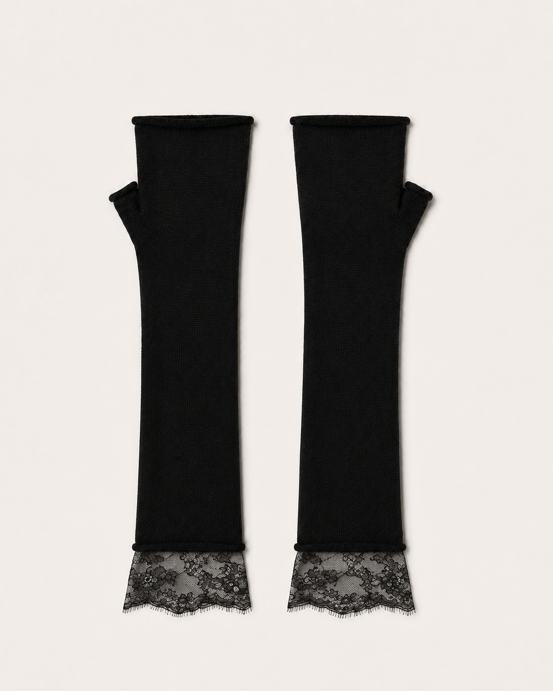 Manicotti in cashmere nero con bordo in pizzo Cashmi