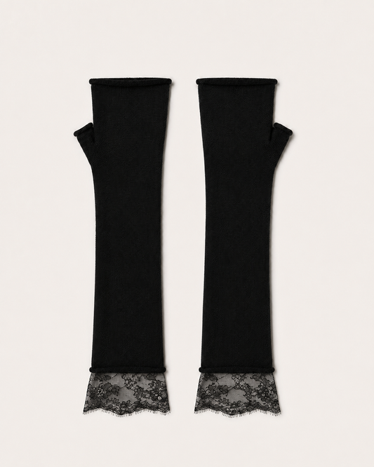 Manicotti in cashmere nero con bordo in pizzo Cashmi